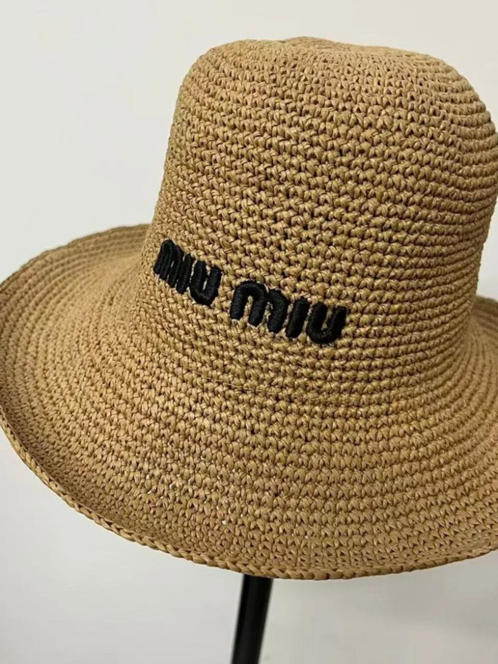 Miu Miu Logo Embroidered Wide Brim Straw Bucket Hat